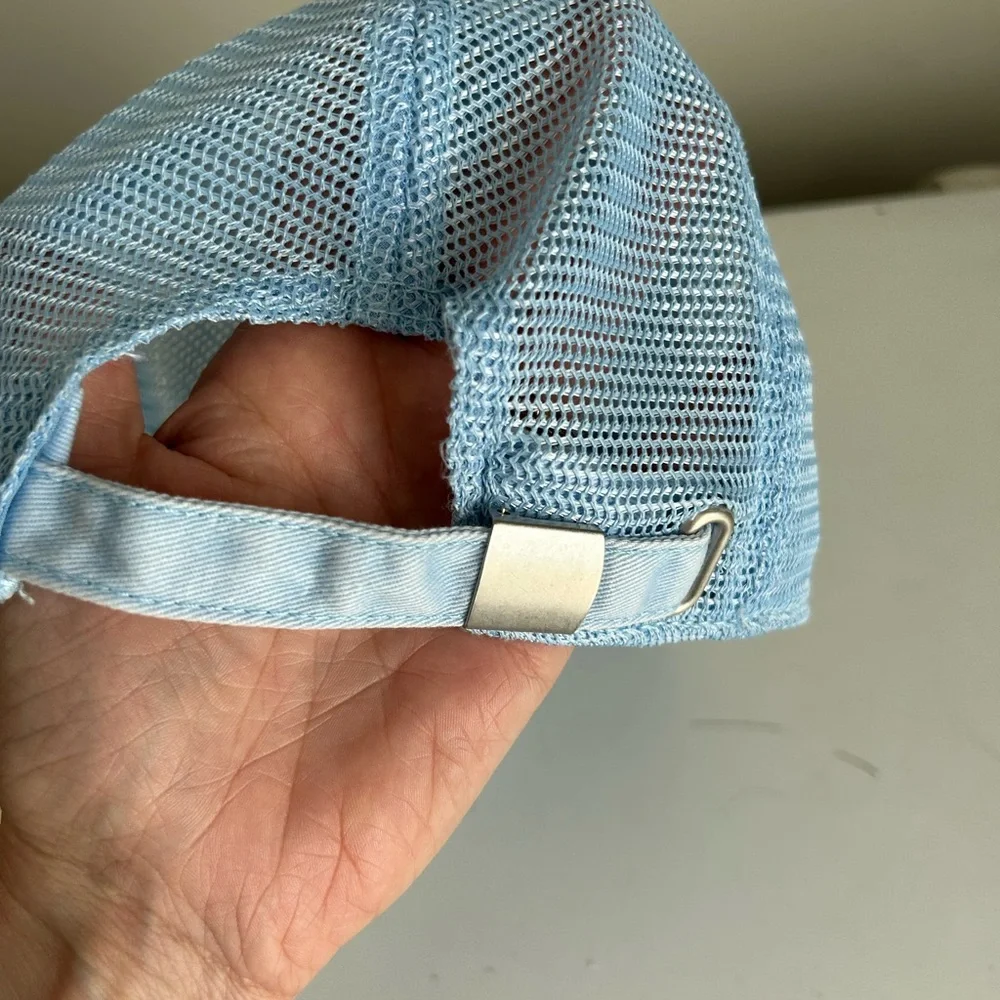 Aerie Light Blue Distressed Denim Mesh Hat embroidered hearts‎